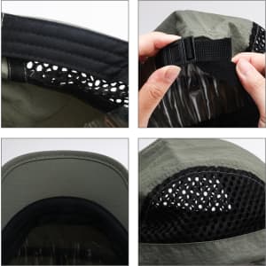 A short brimmed mesh running cap in olive green featuring a mesh design and adjustable strap.
