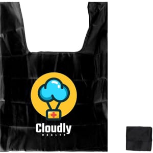 A black reusable foldaway shopping bag featuring a logo with a cloud and first aid symbol, folded compactly beside it.