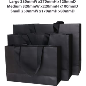 Medium black paper bag with flat handles, measuring 320mm x 220mm x 100mm, alongside two other bag sizes.