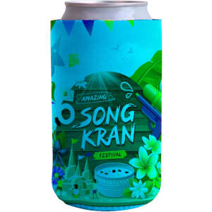 A drink bottle holder in vibrant blue with a floral design and a logo, featuring a can inside.
