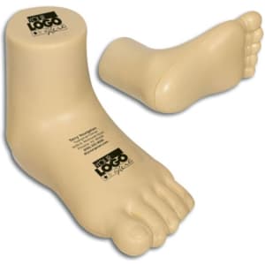 A cream-coloured leg-shaped stress reliever featuring a detailed foot design and a branding logo on the top.