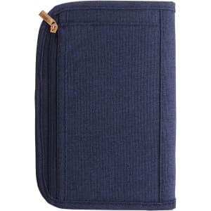 A navy blue passport holder with a textured finish and a zip closure. It features a simple design and a logo.