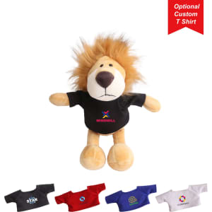 A lion plush toy with a fluffy mane, wearing a black T-shirt, displayed with various T-shirt options.