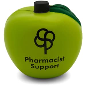 A green apple-shaped stress reliever with a black top and a logo on the front.