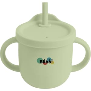 A drink bottle in light green silicone, featuring a lid with a straw and two handles, and a logo on the front.