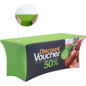 A green stretch table cover with an open back, featuring a promotional design and a logo.
