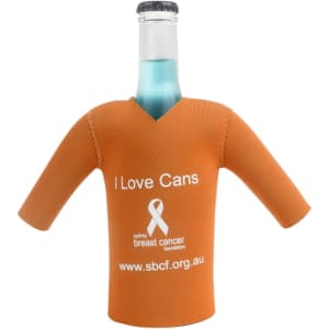 A drink bottle cooler in an orange cricket jersey design with short sleeves and a logo.
