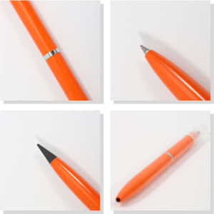 An orange double-ended pencil with a graphite tip and a ballpoint pen tip, featuring a silver trim and branding logo.