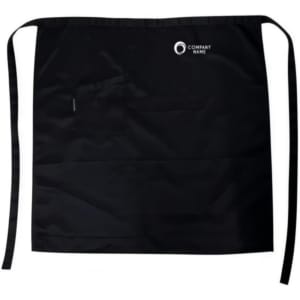 A black half apron made from 100% polyester, featuring a pocket and a logo.