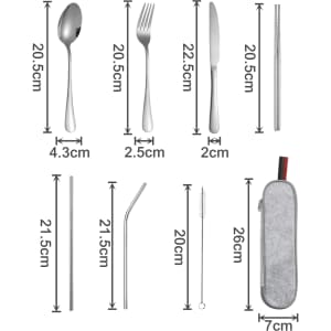 A stainless steel flatware set featuring a spoon, fork, knife, straws, cleaning brush, and a carrying pouch.