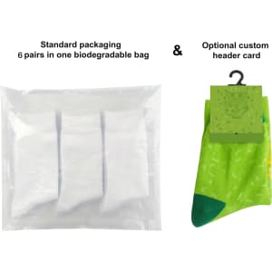 A biodegradable bag containing six pairs of vivid green and white custom pattern football socks.