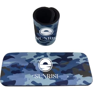 A drink bottle holder and matching mouse pad in a blue camo design, both featuring a logo.