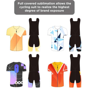 Men's sublimated cycling bib shorts featuring vibrant designs in orange, blue, black, and red, with a logo present.