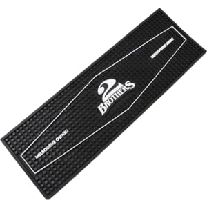 A black moulded PVC bar runner with a textured surface and a logo in the centre.