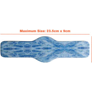A drink bottle holder with a custom blue design, featuring a logo and measuring 23.5cm x 9cm.