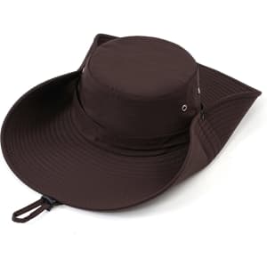A wide-brim sun hat in brown, featuring a sturdy crown and a wide, flared brim, with a logo present.