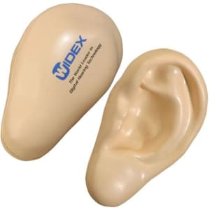 A beige ear-shaped stress reliever with a logo, featuring a smooth, soft texture.