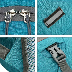 A close-up of a teal camping backpack featuring zippers, straps, and a clip for secure fastening.