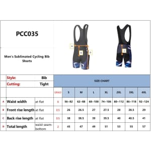 Men's cycling bib shorts in black with blue graphics. Features a size chart with measurements. Includes a logo.