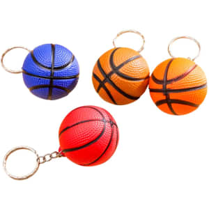 A collection of four keyrings featuring basketball-shaped stress items in blue, orange, red, and black. Each has a metal keyring.