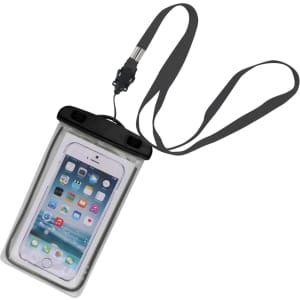 A waterproof phone bag in clear with a black neck strap, featuring a logo on the top.