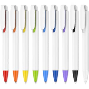 A collection of plastic pens with creamy white barrels and various coloured clips, including orange, yellow, green, blue, purple, and black.