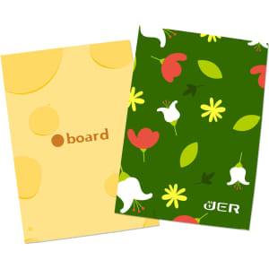 A4 full colour presentation folder featuring a floral green design and a yellow polka dot pattern, with logos.