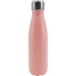 A drink bottle in a matte pink finish with a stainless steel cap and an integrated logo.