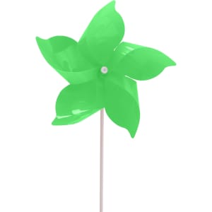 A five-leaf pinwheel in vibrant green, featuring a white stem. It has a simple, playful design.