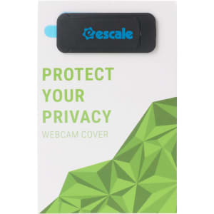 A black webcam cover with a branding logo, displayed on a green and white packaging featuring geometric designs.
