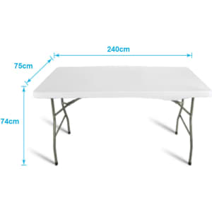 A white rectangular table with dimensions 240cm x 75cm and folding metal legs. It features a logo on one side.