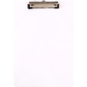 A white clipboard featuring a metal clip at the top and a smooth surface.