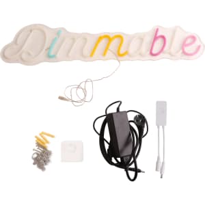 A dimmable neon LED sign in pastel colours, accompanied by a power cord, hardware, and a base for mounting.