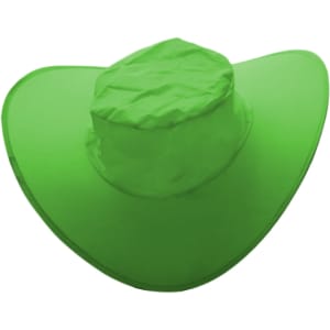 A green foldable cowboy hat with a pouch, featuring a wide brim and a rounded crown.