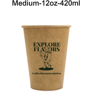 A kraft paper cup with a cartoon character design, featuring a logo and a medium 12 oz capacity.