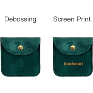 A square velvet jewelry pouch in dark green with a flap and a snap closure, featuring branding options.