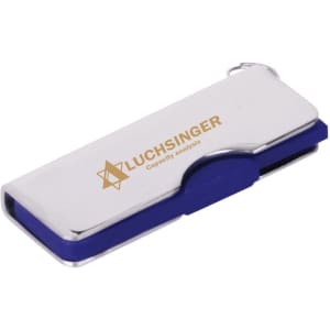 A silver and blue alloy flash drive with a logo on the surface, designed for technology use.