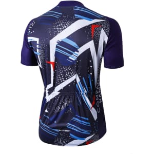A unisex cycling jersey featuring a stand collar and raglan short sleeves, in blue, purple, and red geometric patterns.