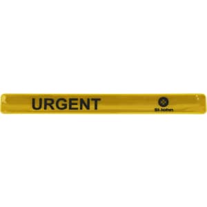 A yellow reflective slap band with the word "URGENT" printed in black and featuring a logo.
