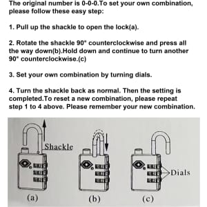 A padlock with a shackle and combination dials, featuring an instructional diagram for setting a combination.