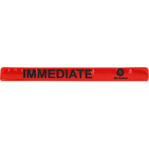 A reflective slap band in bright red with black text and a logo. Ideal for visibility and safety.