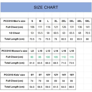 A size chart detailing measurements for men's, women's, and kids' polo shirts in centimetres.