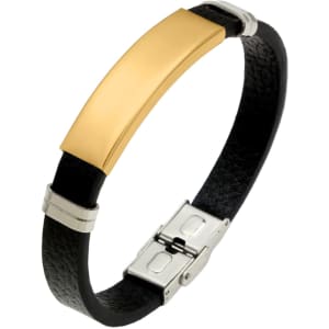 A custom leather bracelet featuring a black band and a gold plate with silver accents.