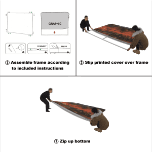 An illustration of assembling a straight tension fabric display wall with frames and printed covers.