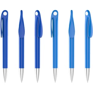 A collection of six plastic pens with varying shades of blue barrels and silver tips, each featuring a logo.
