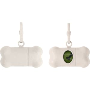 A bone-shaped pet waste bag dispenser in white with a green opening, featuring a clip for attachment and a logo.