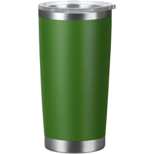 A drink bottle with a stainless steel double wall and a green exterior, featuring a clear lid and a metallic base.