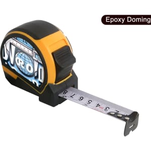 A tape measure in black and orange, featuring a retractable tape marked in metric units. It has a branded logo visible.