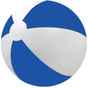 An inflatable beach ball featuring blue and white panels, designed for leisure and outdoor activities.