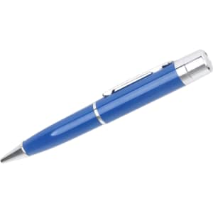A blue metal pen with silver accents, featuring a smooth finish and a clip for easy attachment.